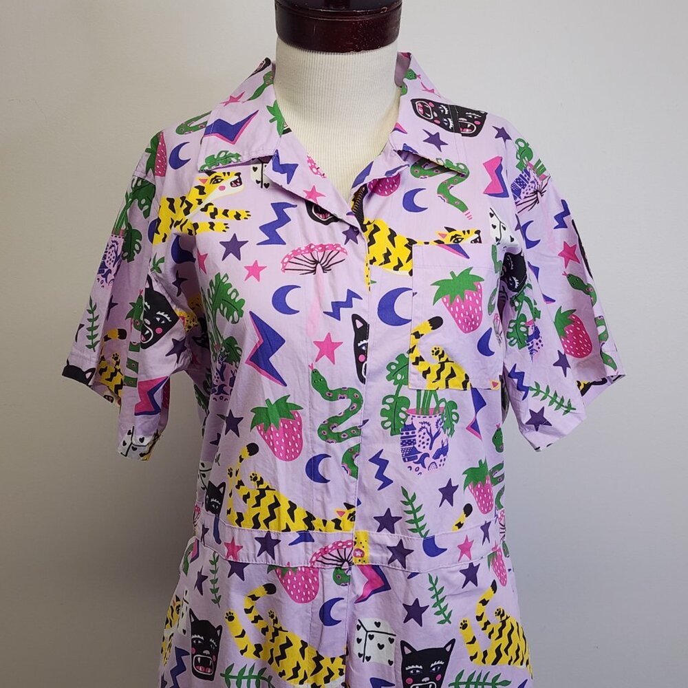 Nooworks Coveralls Short Sleeve Jumpsuit in Hastings Print Womens XXL Lavender - Picture 4 of 13